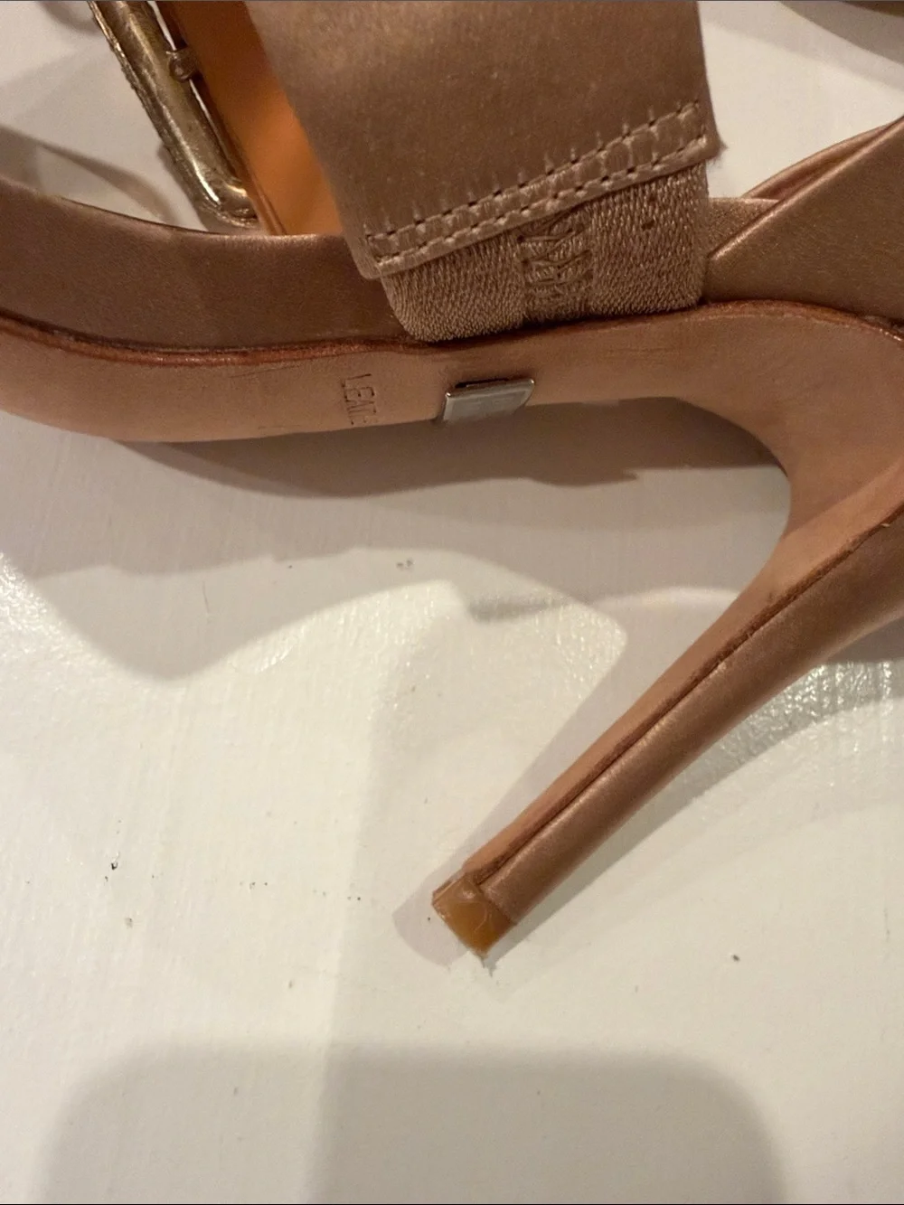 Badgley Mischka Satin D'Orsay Heels in Warm Champagne-Tan with Crystal Buckle.